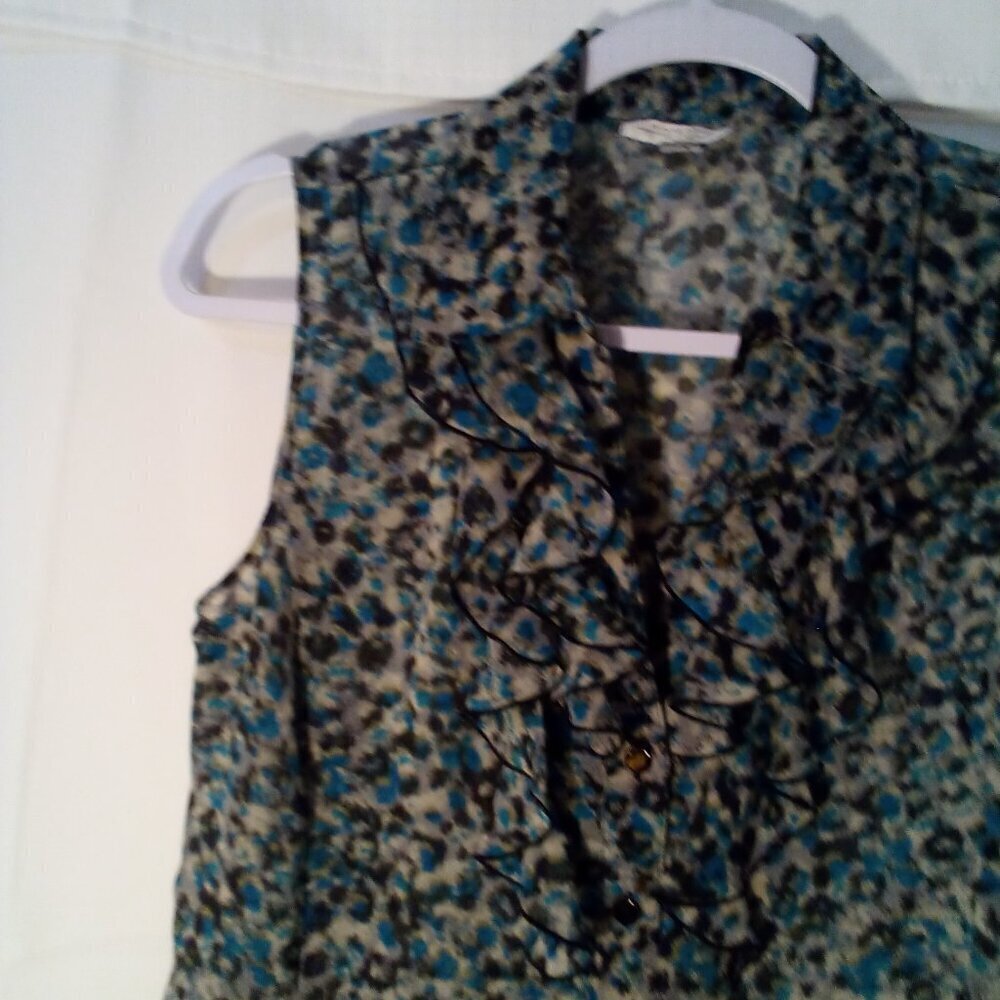 Tahari Blouse Women PS Petite S Sleeveless Sheer Ruffle Button Up Print - Picture 4 of 13